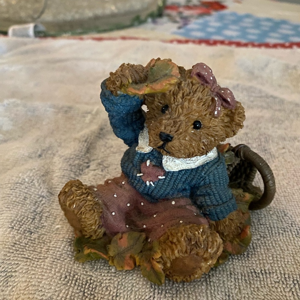Home Interiors Brown Bear Figurine with Blue Sweater and Mauve Skirt